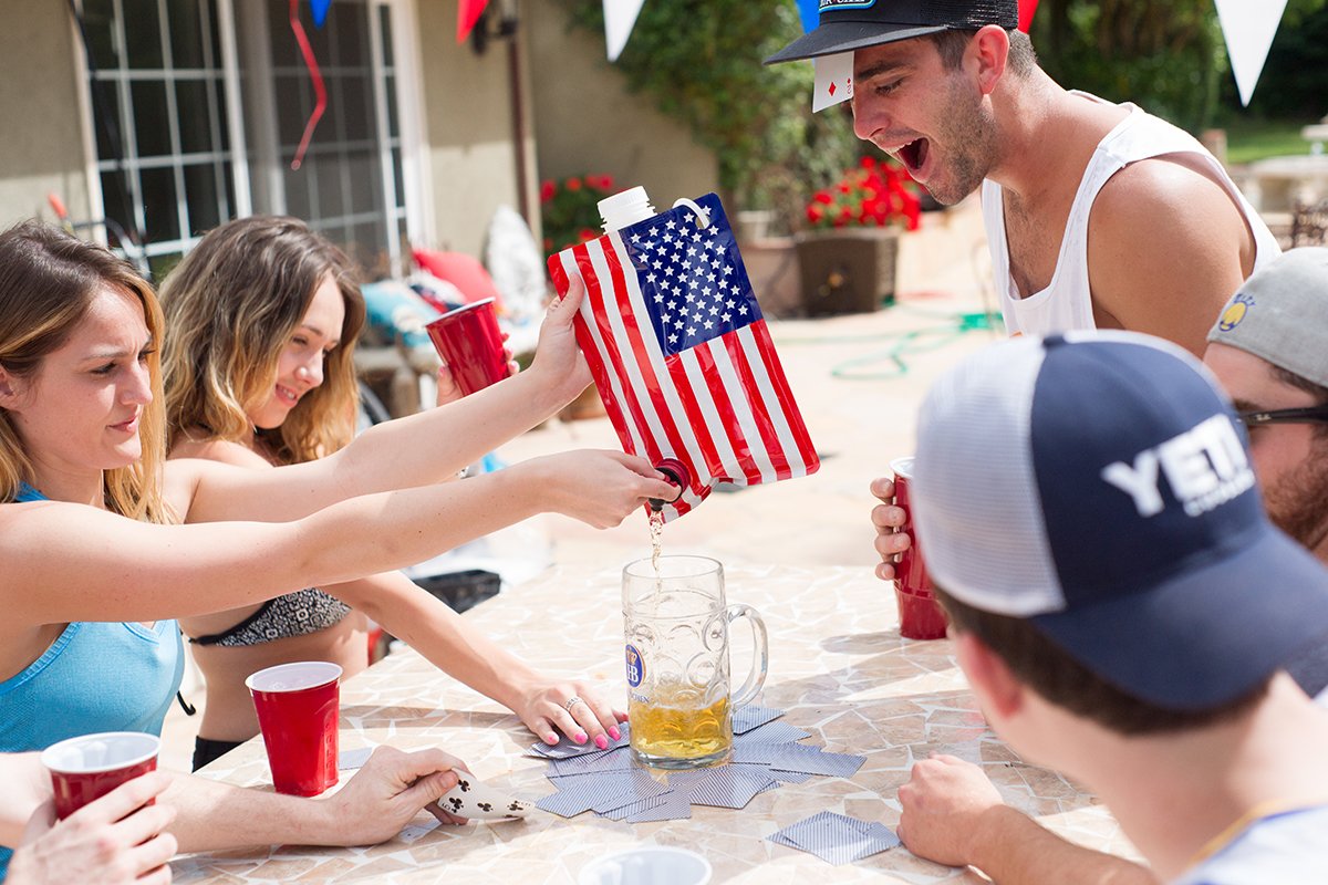American Flag Flask for Liquor, Wine, Drinks: Beverage Dispenser Holds 2 Liters for Summer, July 4, Sports Tailgating, Birthday, Graduation, Cruises, Boating, BBQ Parties, by Party Flasks