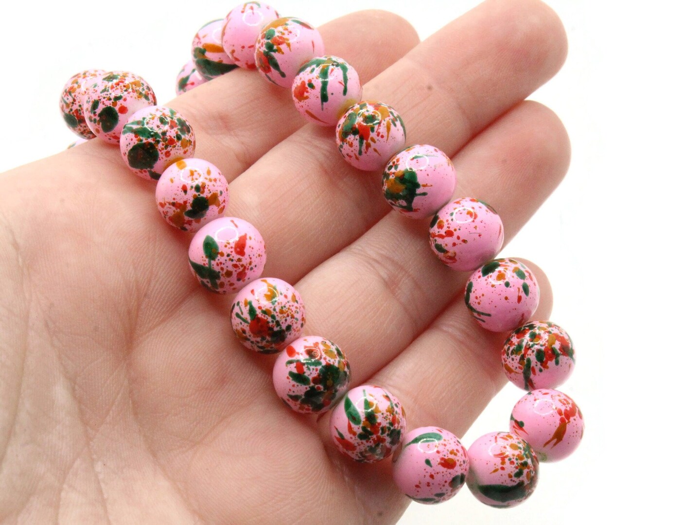 40 10mm Pink with Red and Green Splatter Paint Smooth Round Glass Beads