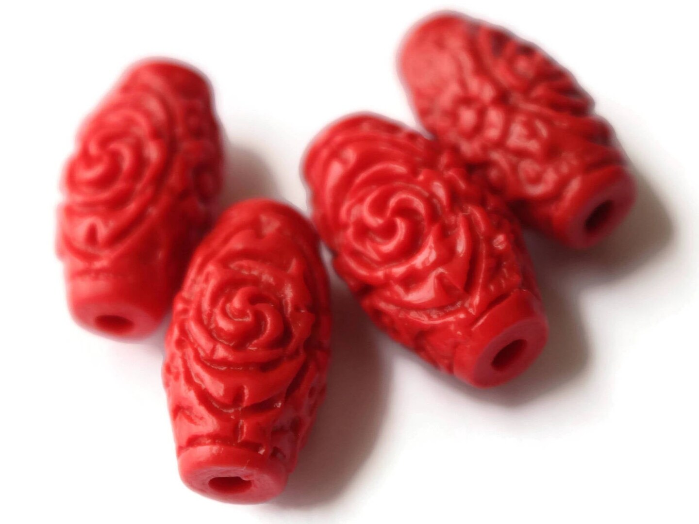 4 17mm Carved Cinnabar Barrel Beads Cinnabar Tube Beads Red Lacquer Beads