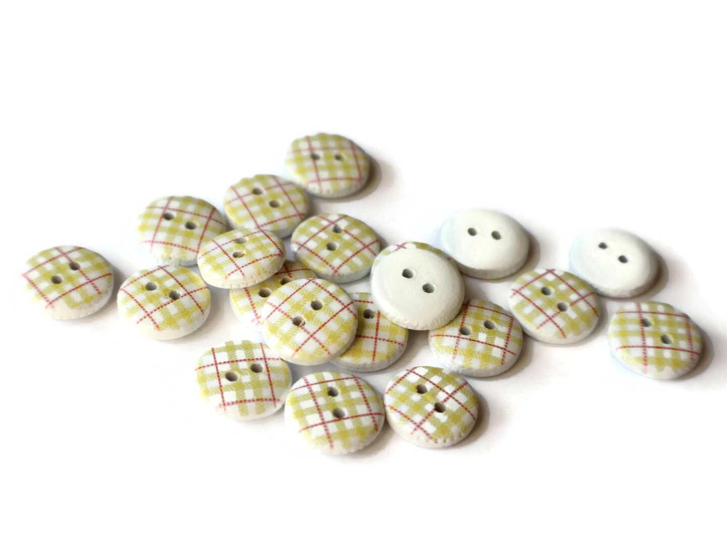 20 13mm Yellow Tartan Plaid Two Hole Round Buttons White Wooden Buttons