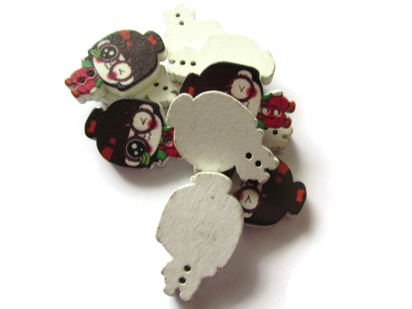 10 29mm 2 Hole Wooden Buttons Brown Haired Girl With Red Overalls and a Green Shirt