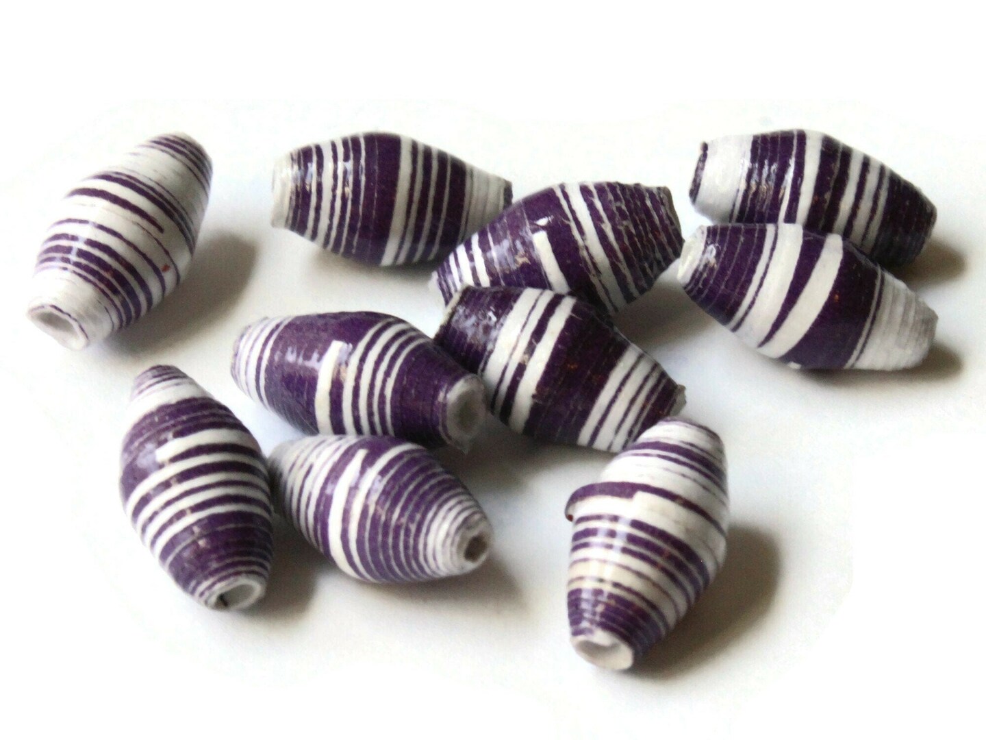 10 14mm Purple and White Striped Ugandan Paper Beads