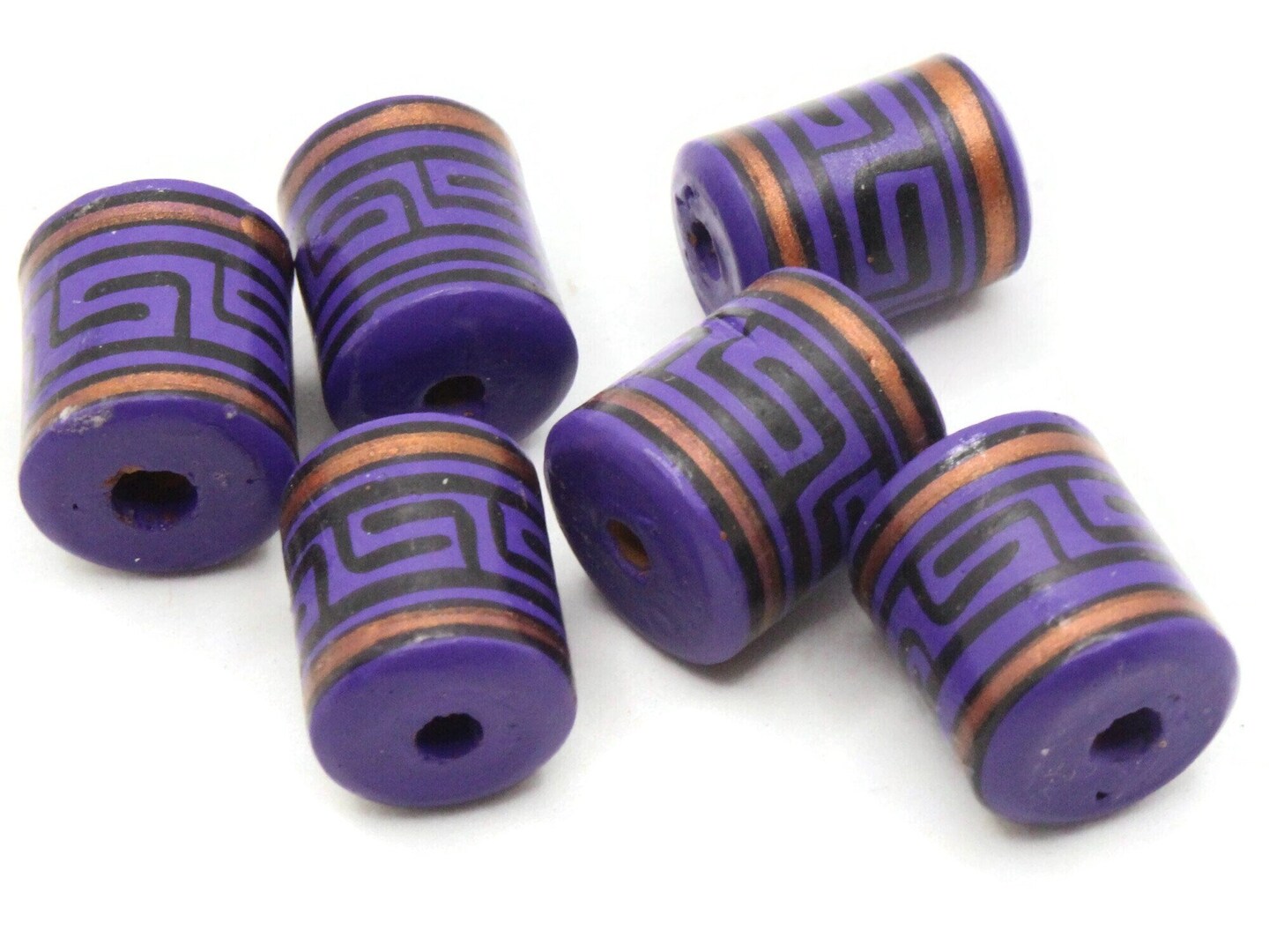 6 16mm Vintage Painted Clay Purple Copper and Black  Patterned Peru Tube Beads