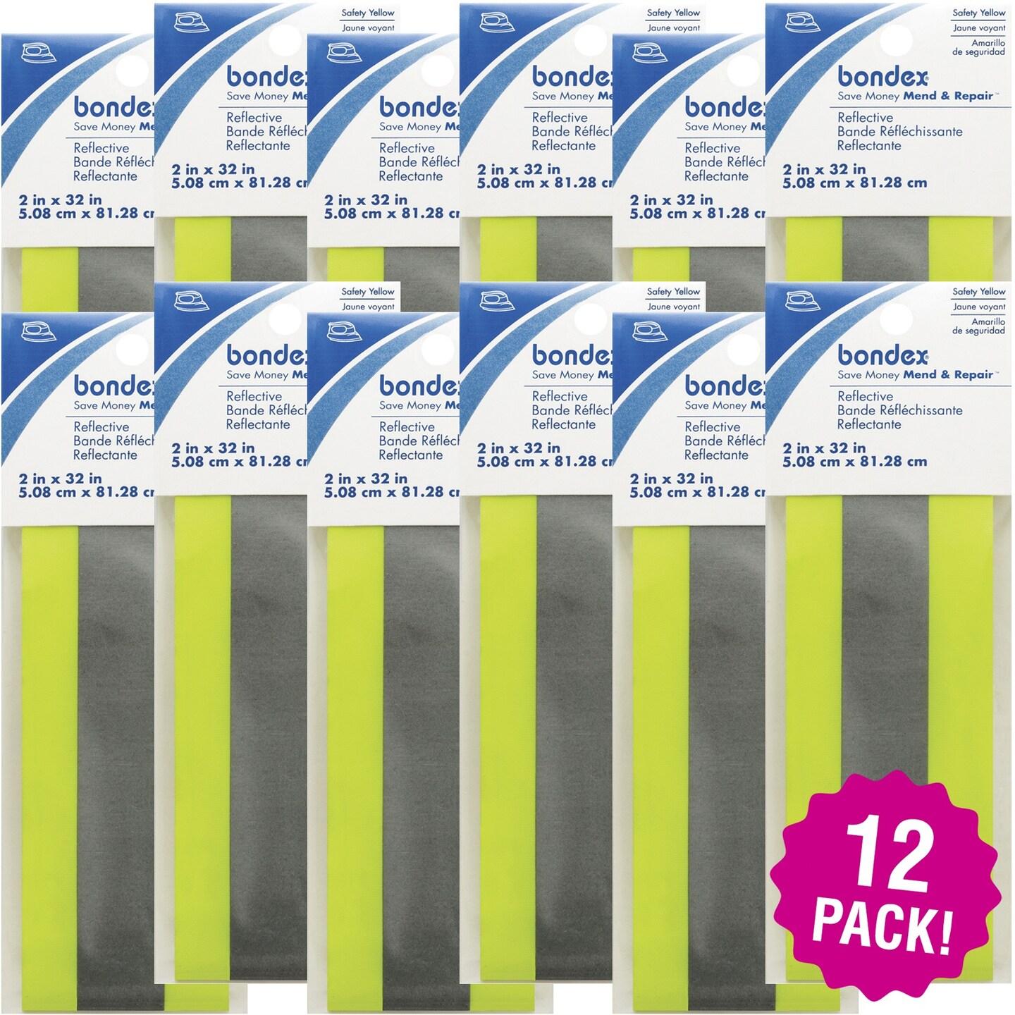 Multipack of 12 - Bondex Iron-On Fluorescent Reflective Tape 2&#x22;X32&#x22;-Yellow