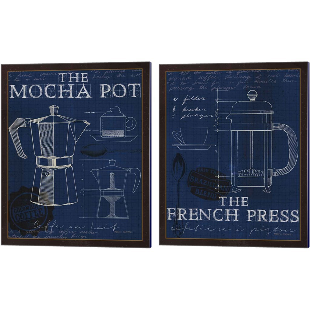 Coffee Blueprint Indigo by Marco Fabiano 12&#x22; x 15&#x22; Canvas Wall Art (Set of 2)