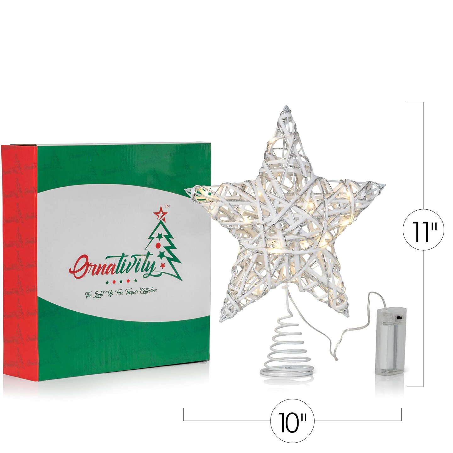 Ornativity Christmas Rattan Tree Topper – White and Silver Xmas Rustic Star LED Light Up Tree Topper Ornament Decoration