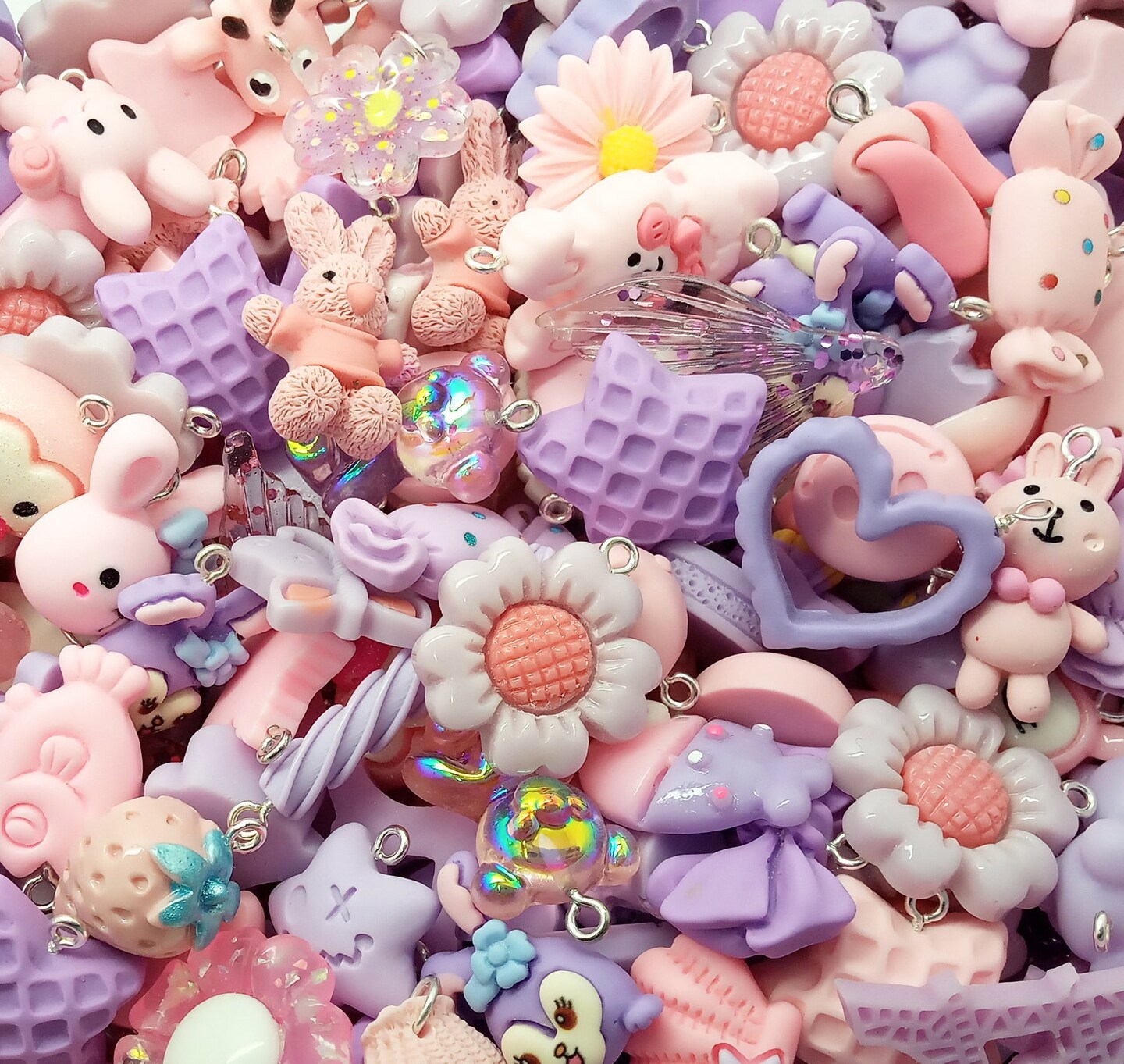 Pink &#x26; Purple Charm Mix, 20 pc Cute Resin Cabochon Grab Bag, Kawaii Charms, Adorabilities