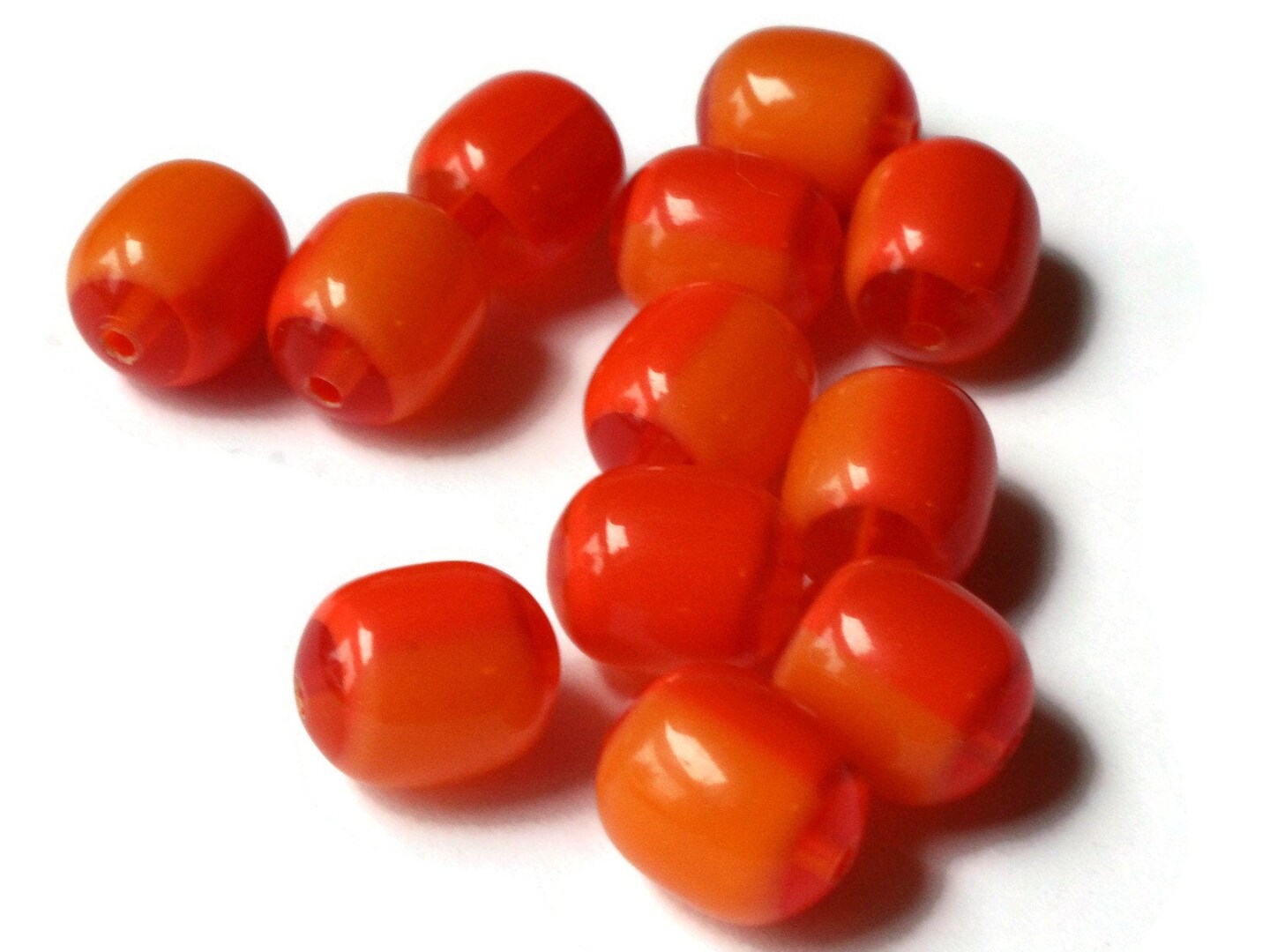 12 12mm x 10mm Red and Orange Vintage Lucite Barrel Beads Two Tone Plastic Beads