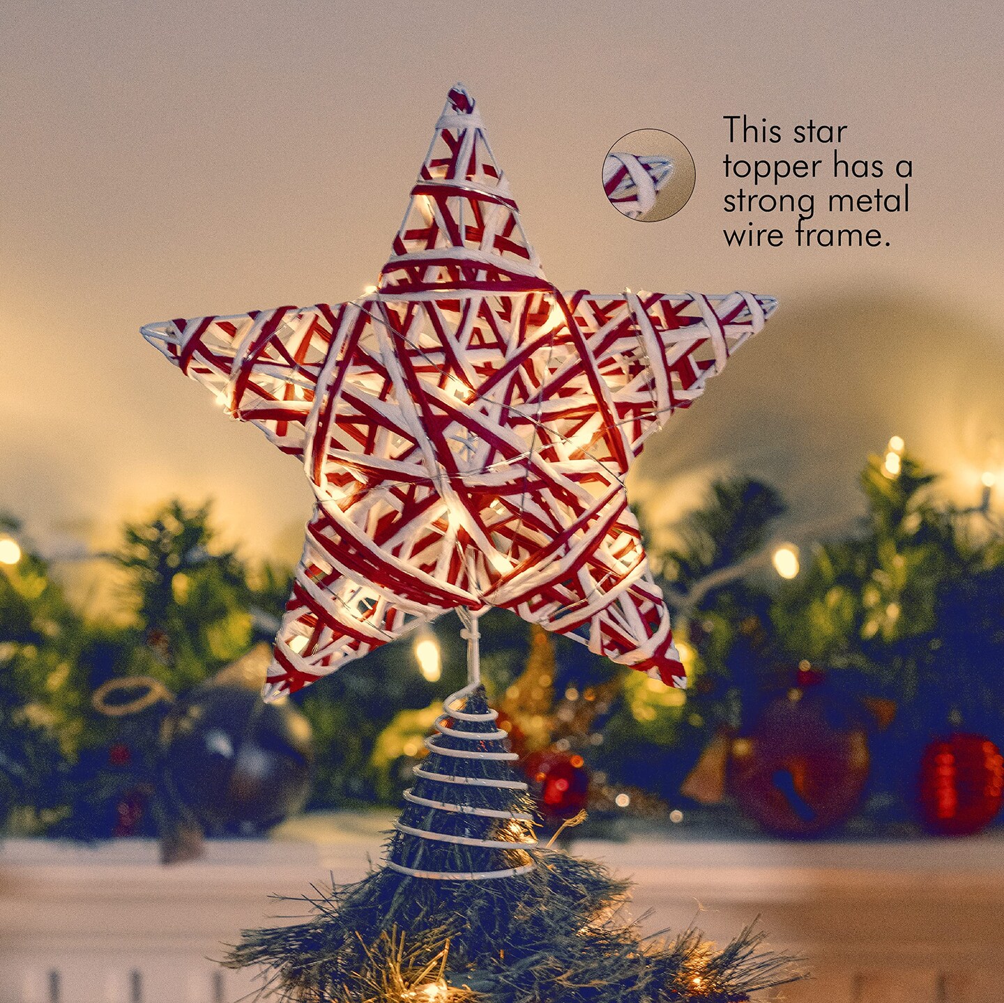 Ornativity Christmas Rattan Tree Topper – Red and White Xmas Rustic Star LED Light Up Tree Topper Ornament Decoration