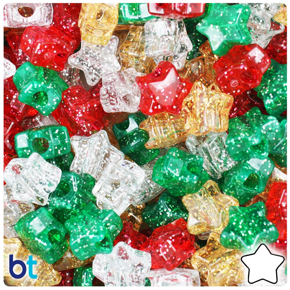 BeadTin Christmas Sparkle Mix 13mm Star Plastic Pony Beads (250pcs)