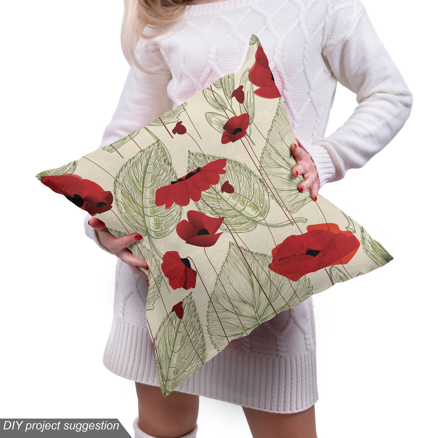 Ambesonne Poppy Flower Fabric by the Yard, Sketchy Tree Leaves Rural Floral Growth Botany Nature Inspired, Decorative Fabric for Upholstery and Home Accents, 1 Yard, Scarlet Fern Green Beige