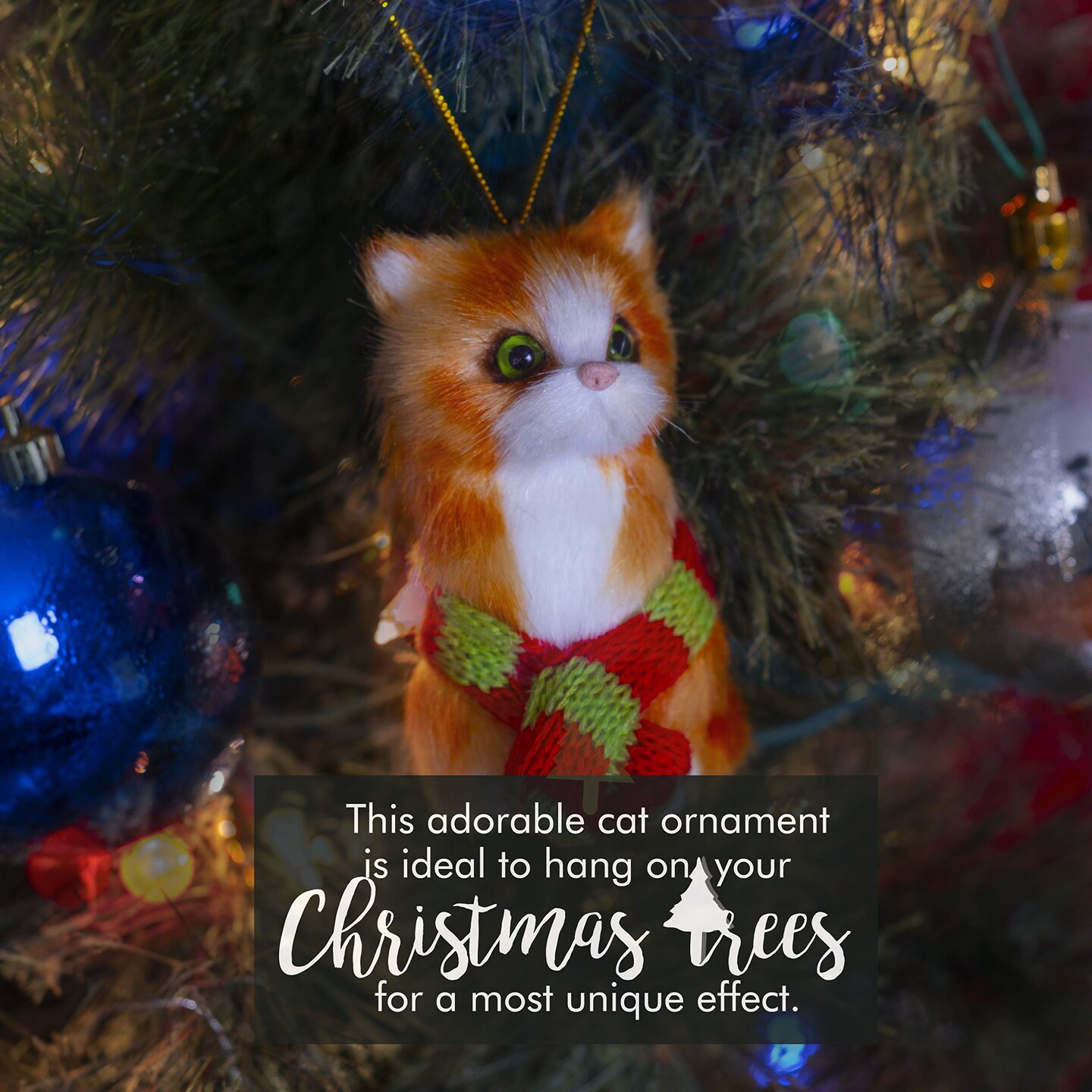 Ornativity Christmas Mini Cat Ornament - Furry Orange Kitten with Scarf Holiday Tree Hanging Decoration