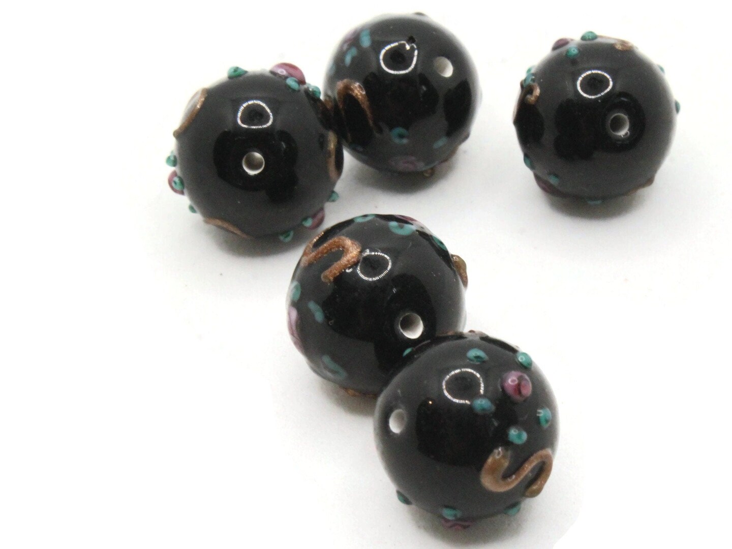 5 14mm Round Black Floral Lampwork Glass Multi-color Wedding Cake Beads