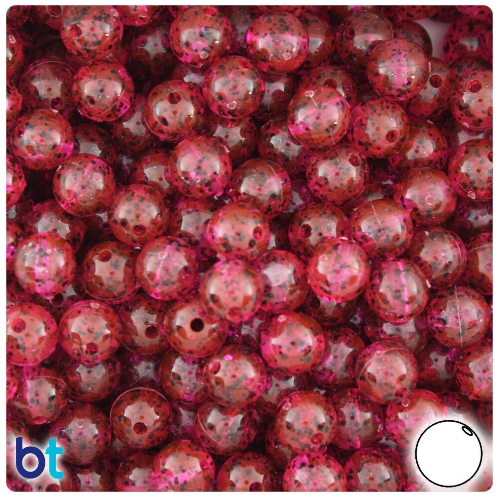 BeadTin Hot Pink Black Sparkle 8mm Round Plastic Craft Beads (300pcs)