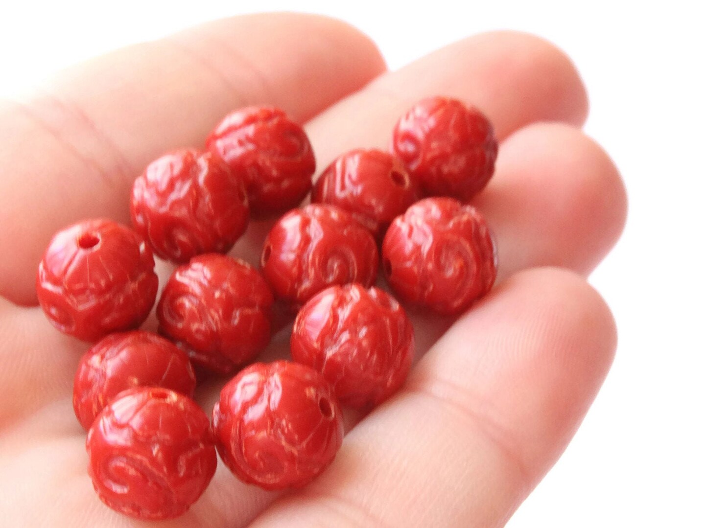 12 10mm Round Red Patterned Vintage Plastic Beads New Old Stock Beads Ball Beads
