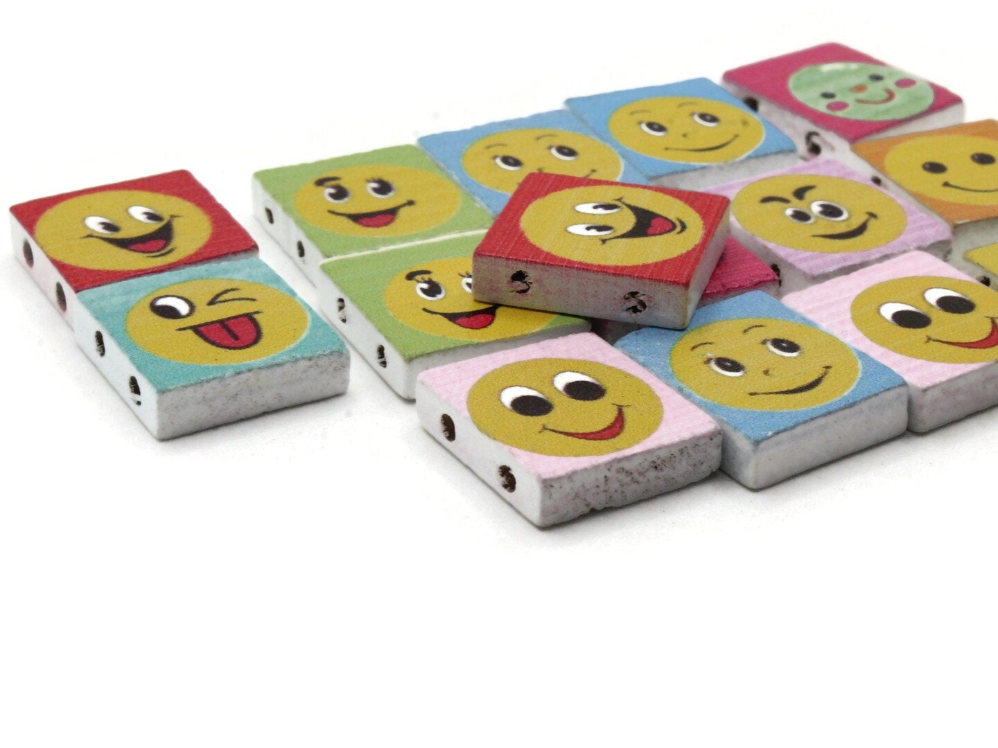 15 20mm Mixed Color Wooden Happy Face Rectangle Beads - Two Hole Emoji Beads