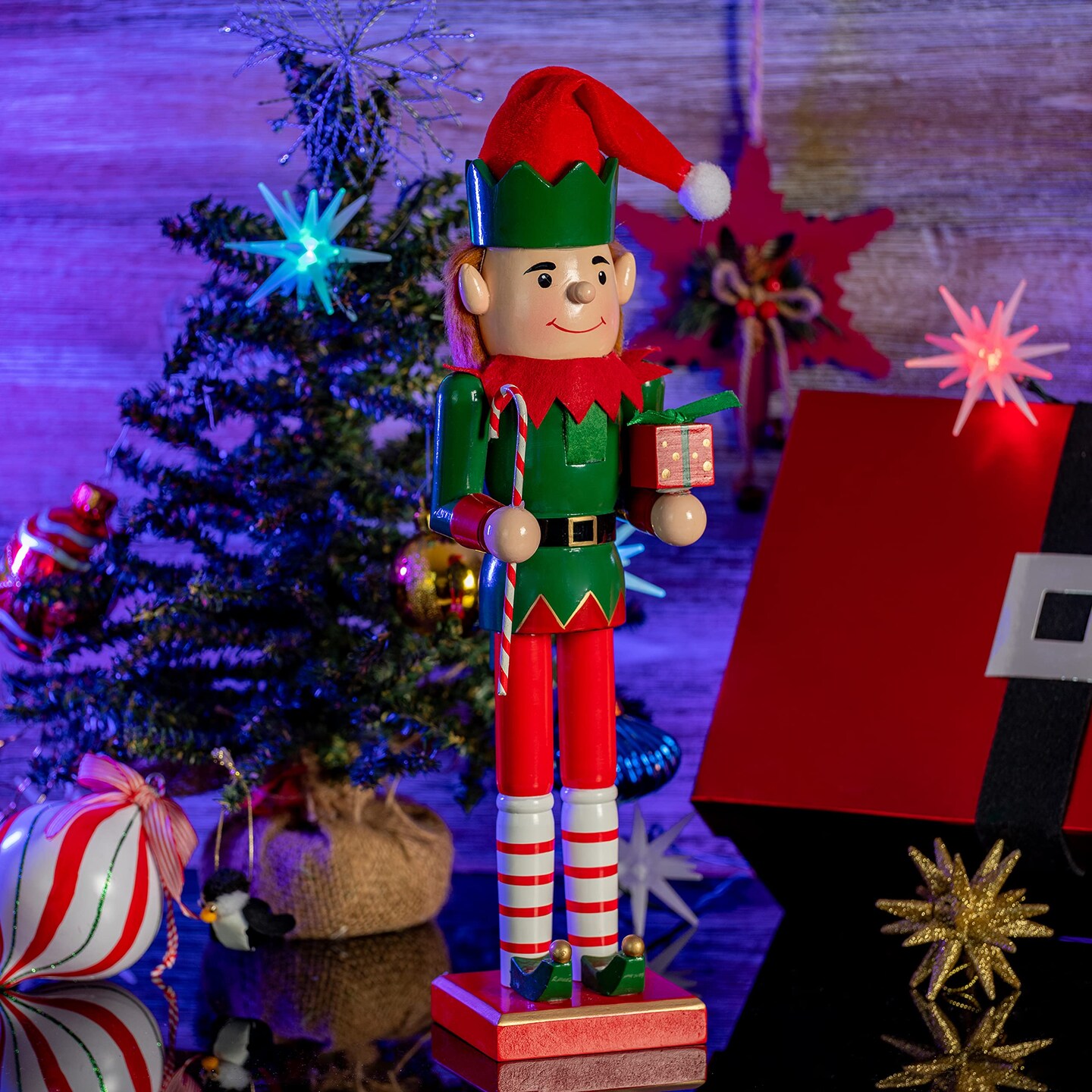 Ornativity Christmas Elf Holiday Nutcracker &#x2013; Red and Green Wooden Elf with Candy Cane and Gift Box Xmas Themed Holiday Nut Cracker Doll Figure Toy Decorations