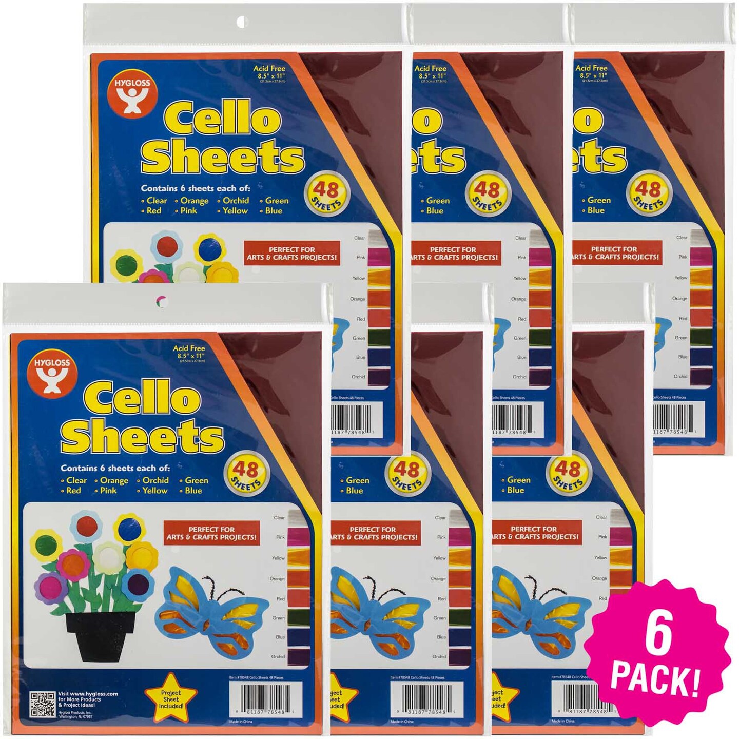 Multipack of 6 - Cello Sheets 8.5"X11" 48/Pkg-6 Each Of 8 Colors