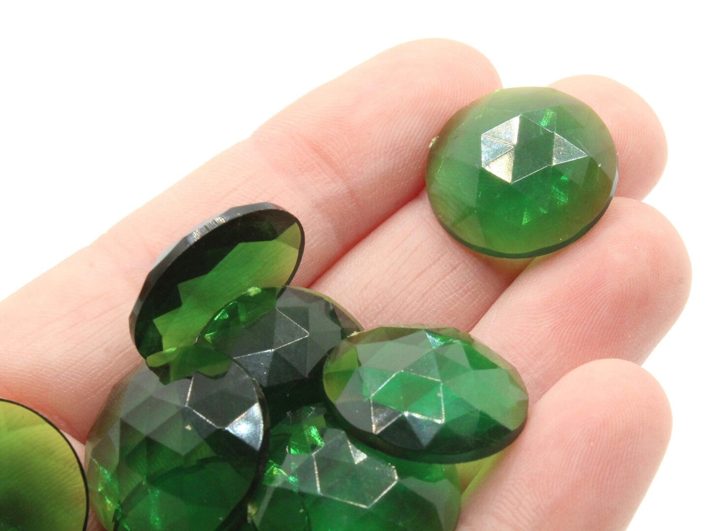 12 19mm Faceted Round Green Vintage West Germany Plastic Cabochons