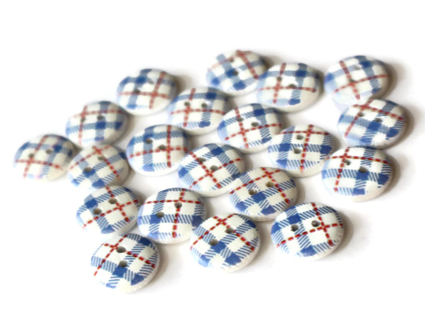 20 13mm Two Hole Blue Tartan Plaid Buttons Round Wooden Buttons Wood Buttons
