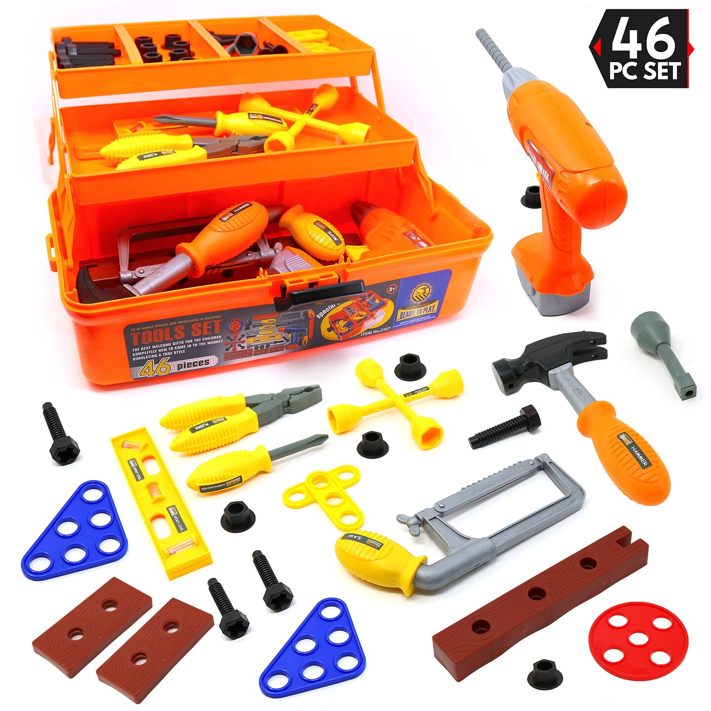 Big Mo&#x27;s Toys Tool Box - Pretend Play Three Tier Educational Tool Kit for Kids Gift of All Ages - 46 Piece Set