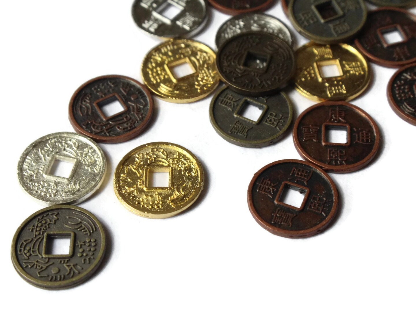 30 10mm Mixed Chinese Coin Beads Flat Round Miniature Replica Money with KangXi
