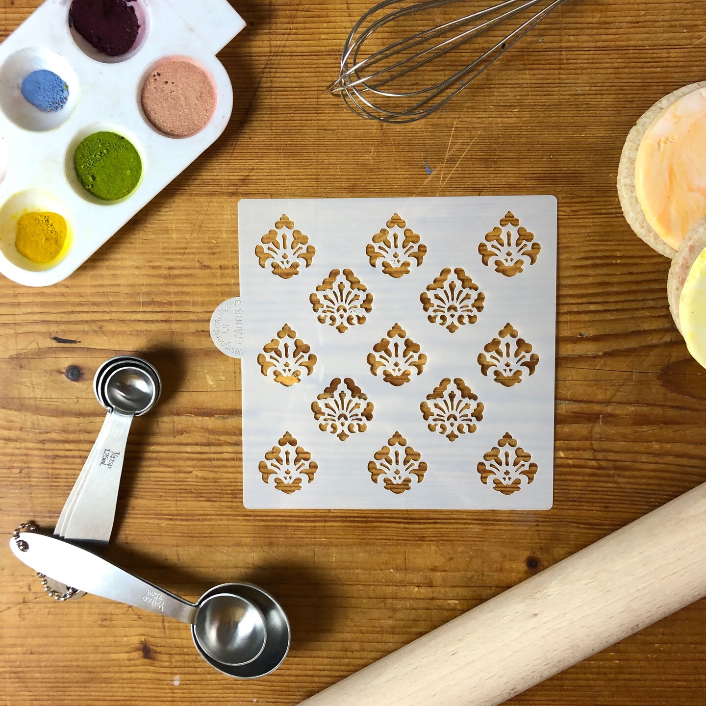 Mini Damask Allover Cookie & Craft Stencil | CM008 by Designer Stencils | Cookie Decorating Tools | Baking Stencils for Royal Icing, Airbrush, Dusting Powder | Craft Stencils for Canvas, Paper, Wood | Reusable Food Grade Stencil