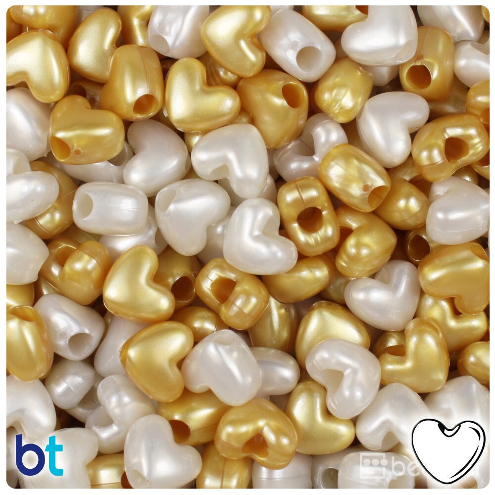 BeadTin Gold &#x26; Bridal Pearl Mix 12mm Heart (VH) Plastic Pony Beads (250pcs)