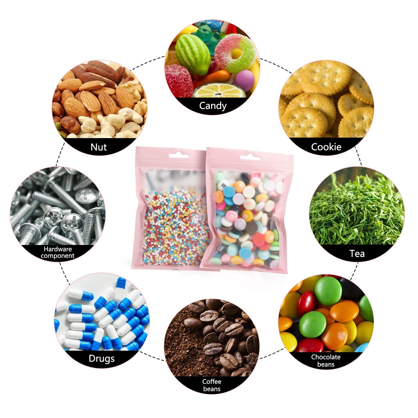 100 PCS Resealable Mylar Bags with Zip and Clear Window Smell Proof Bags Packaging Bags Foil Pouch Zip Bags for Food Self Sealing Storage Supplies (Pink, 2.75×3.93 inches)