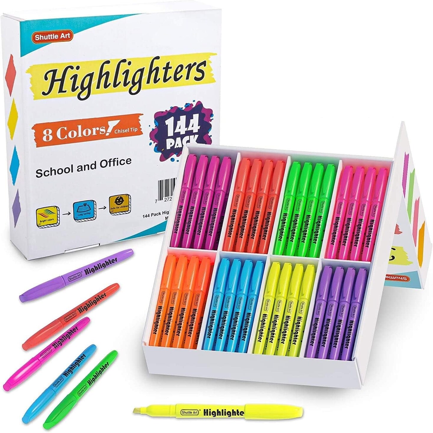 144 Pack Highlighters, Highlighters Assorted Colors Set, 8 Bright Colors Chisel Tip Highlighter