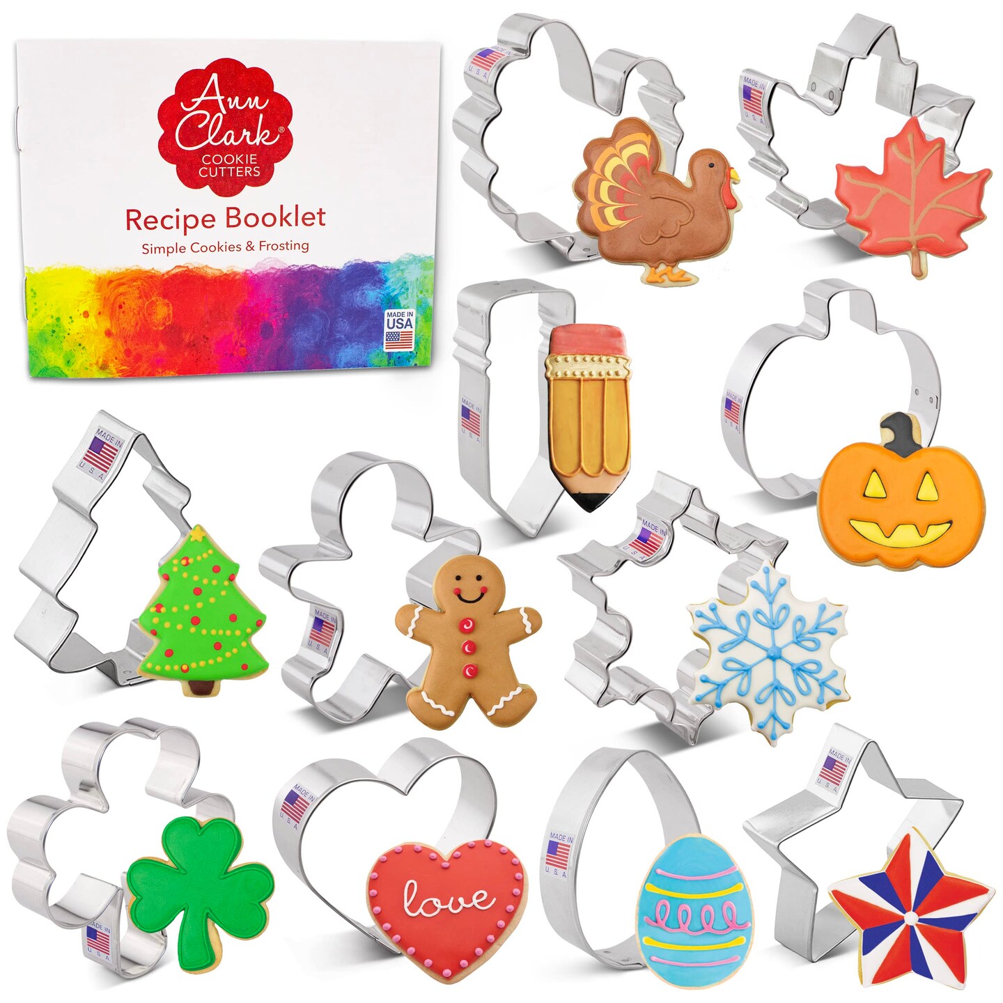 11 Pieces Cookie Cutters for Christmas and Every Season Christmas, Easter, Halloween, St. Patrick's Day & More Made in USA by Ann Clark Cookie Cutters