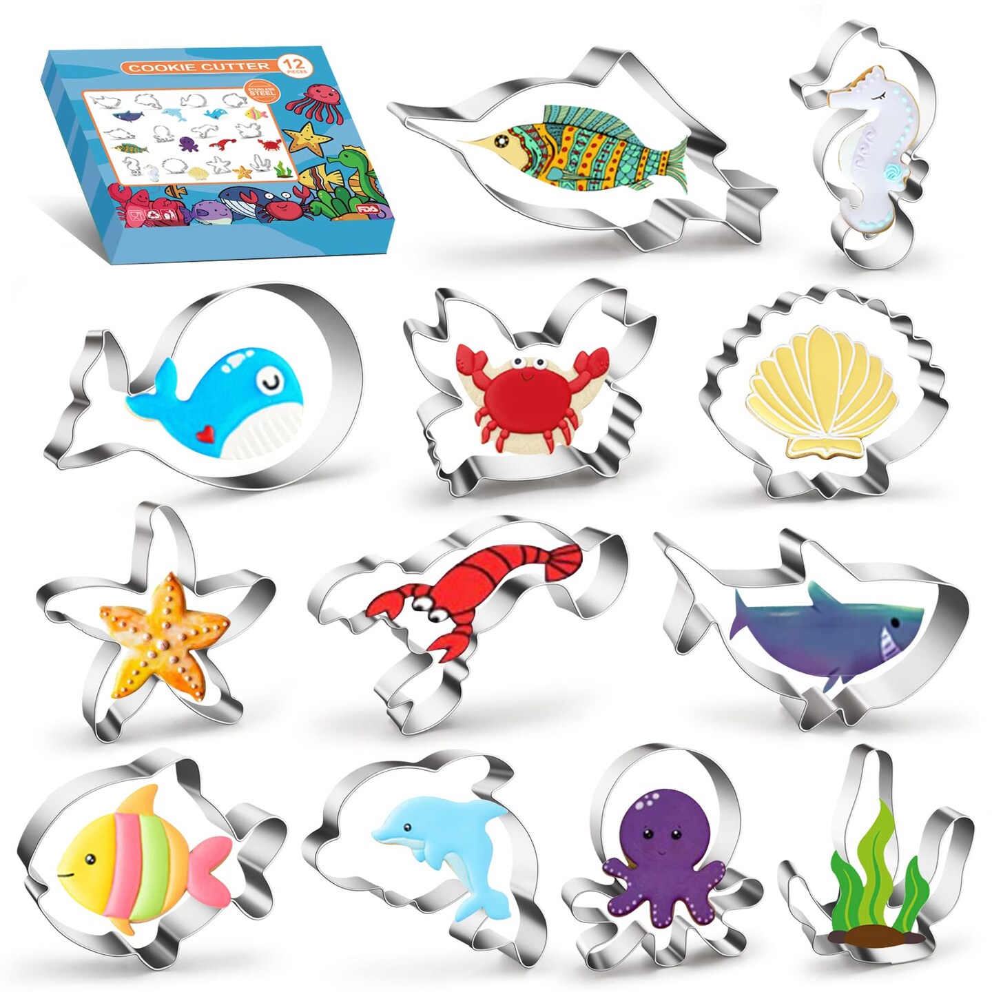 12 Pieces Ocean Creatures Cookie Cutters Set, ISZW Stainless Steel Marine Species Shapes Baking Mold for Kids Baking, Metal Cookie Sandwich Biscuit Cutter Molds for Kids Birthday Party DIY Cake Decoration