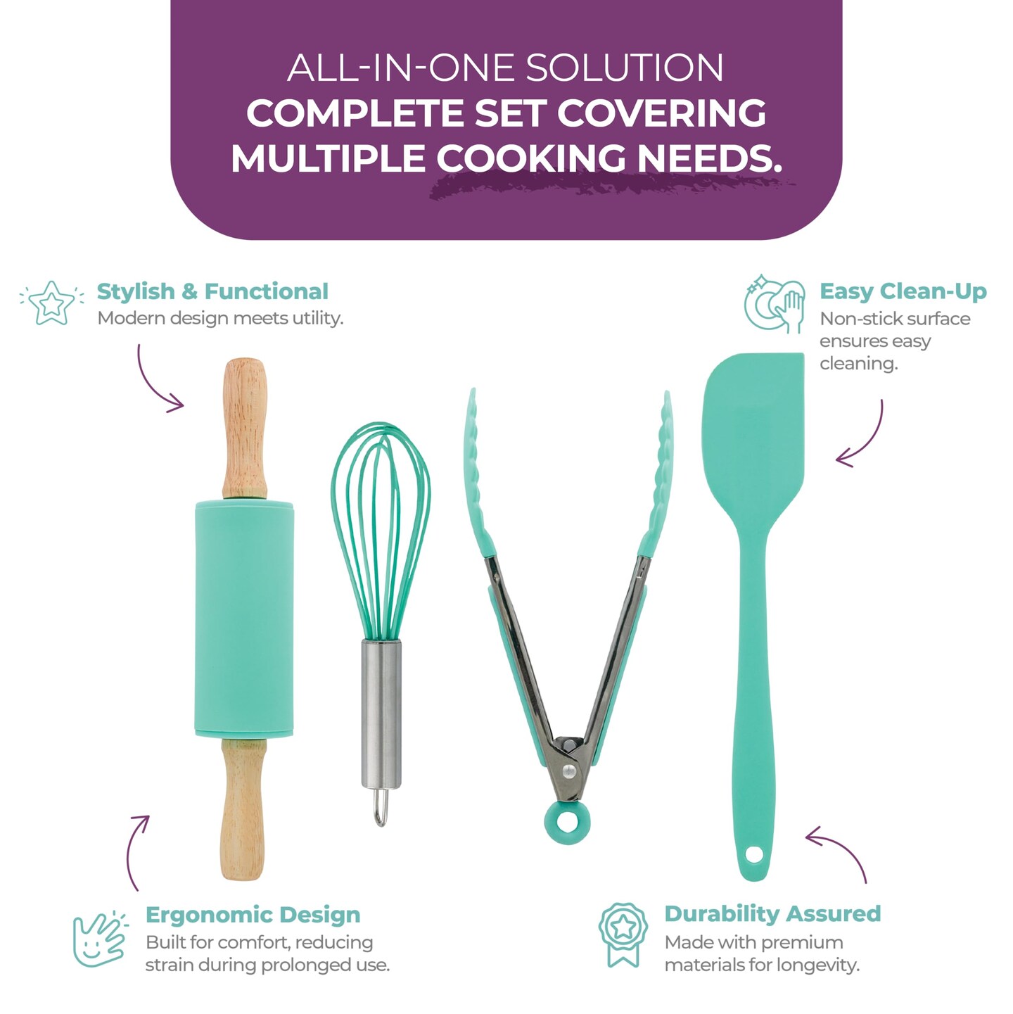 4 Pieces Kids Cooking Utensils Set - Kids Kitchen Tools - Safe Kids Baking Set - Food Grade Toddler Chef Supplies - Gender Neutral Silicone Cookware Kit with Spatula Whisk Tongs Rolling Pin