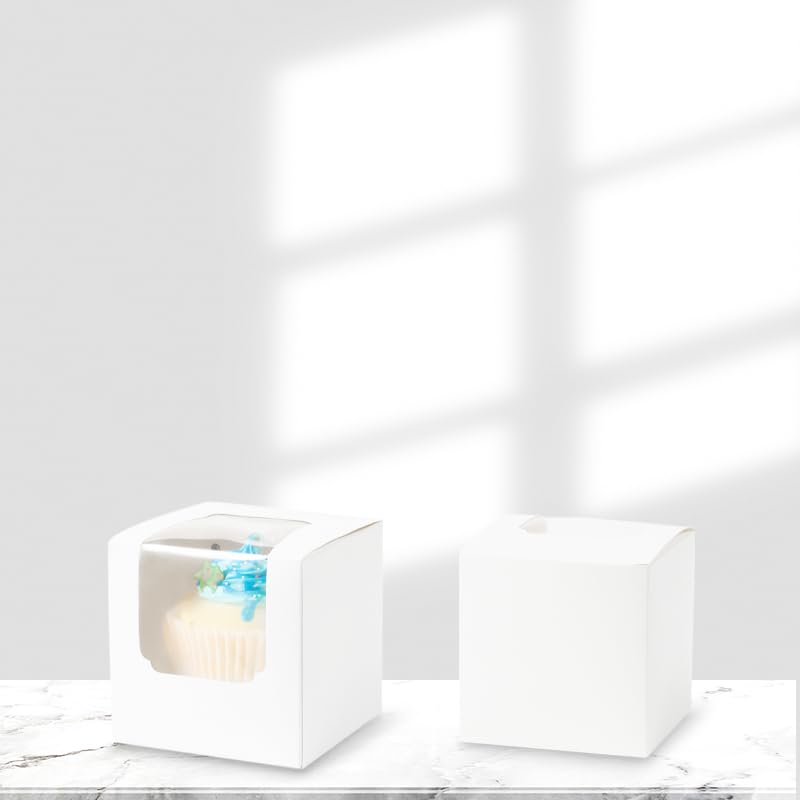 25 Pieces Single White Cupcakes Containers Gift Boxes with Window Inserts Handle for Wedding Candy Boxes (25P-White)