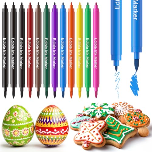 12 Pieces Edible Markers for Cookie Decorating, Food Coloring Pens, Double Side Food Grade Pens with Fine &#x26; Thick Tip for Decorating Fondant, Cakes, Cookies, Easter Eggs, Frosting, Macaron