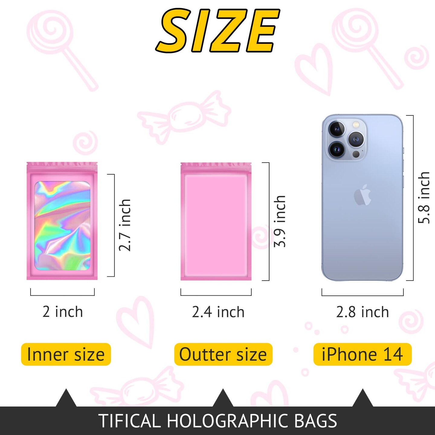 100 Pieces Smell Proof Bag, Packaging Bags, Holographic Mylar Bags, Foil Resealable Bags for Small Business Candy Jewelry Bracelet Party Favor Food Storage Sample Supplies (2.4&#xD7;3.9 Inch, Pink)