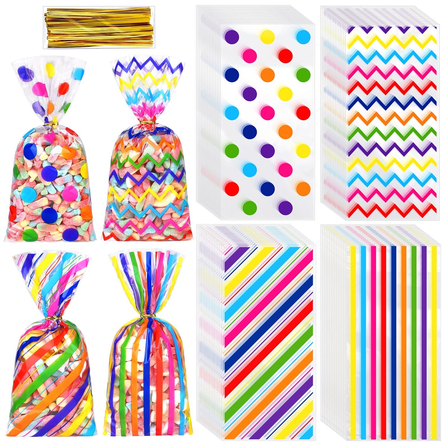 100 Pieces 10.6 x 5.1 In Rainbow Cellophane Bags Plastic Candy Gift Bags Cellophane Treat Bags with Twist Ties Stripes Polka Dot Printed Pattern Goodie Bags for Birthday Weddings Party Favors