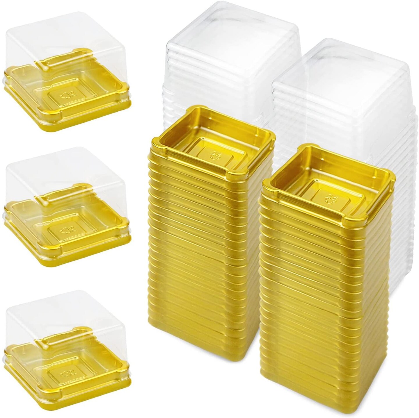 100 Pieces 2.24"L x 2.24"W x 1.57"H Clear Plastic Mini Cupcake Boxes Muffin Pod Dome Muffin Single Container Box Wedding Birthday Gifts Supplies for Cheese Pastry Dessert Mooncake (square, gold)