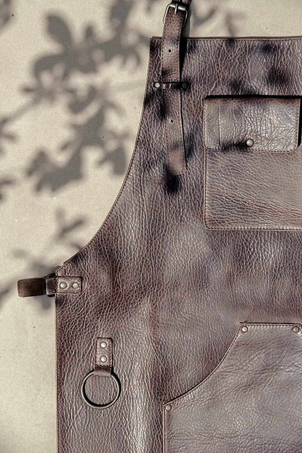 ELW Leather Apron for Kitchen, BBQ, Cooking, Woodworking, Barber, & Crafting - 100% Top Grain Leather - Large Tool Pockets - 3/4 oz Thickness - Adjustable Size M to 2XL