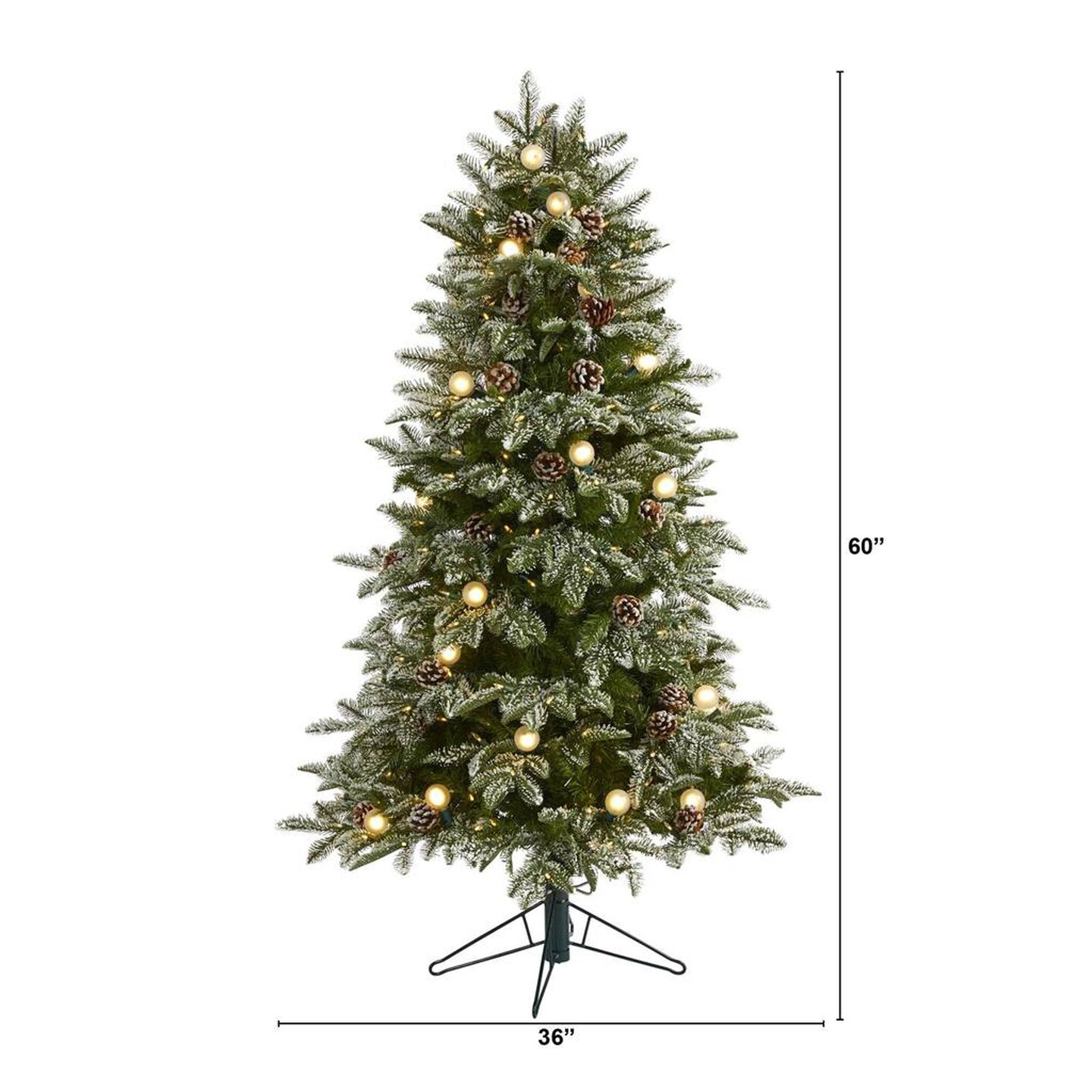 Nearly Natural 5&#x27; Flocked Whistler Mountain Fir Artificial Christmas Tree with 250 Warm White LED Lights with Instant Connect Technology, 28 Globe Bulbs, Pine Cones and 480 Bendable Branches