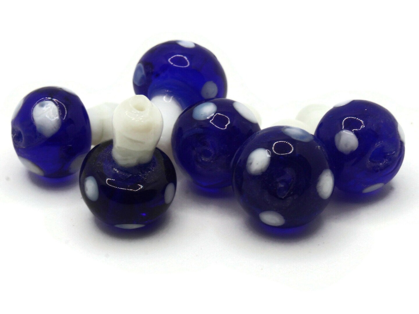 6 19mm Royal Blue and White Polka Dot Mushroom Lampwork Glass Beads