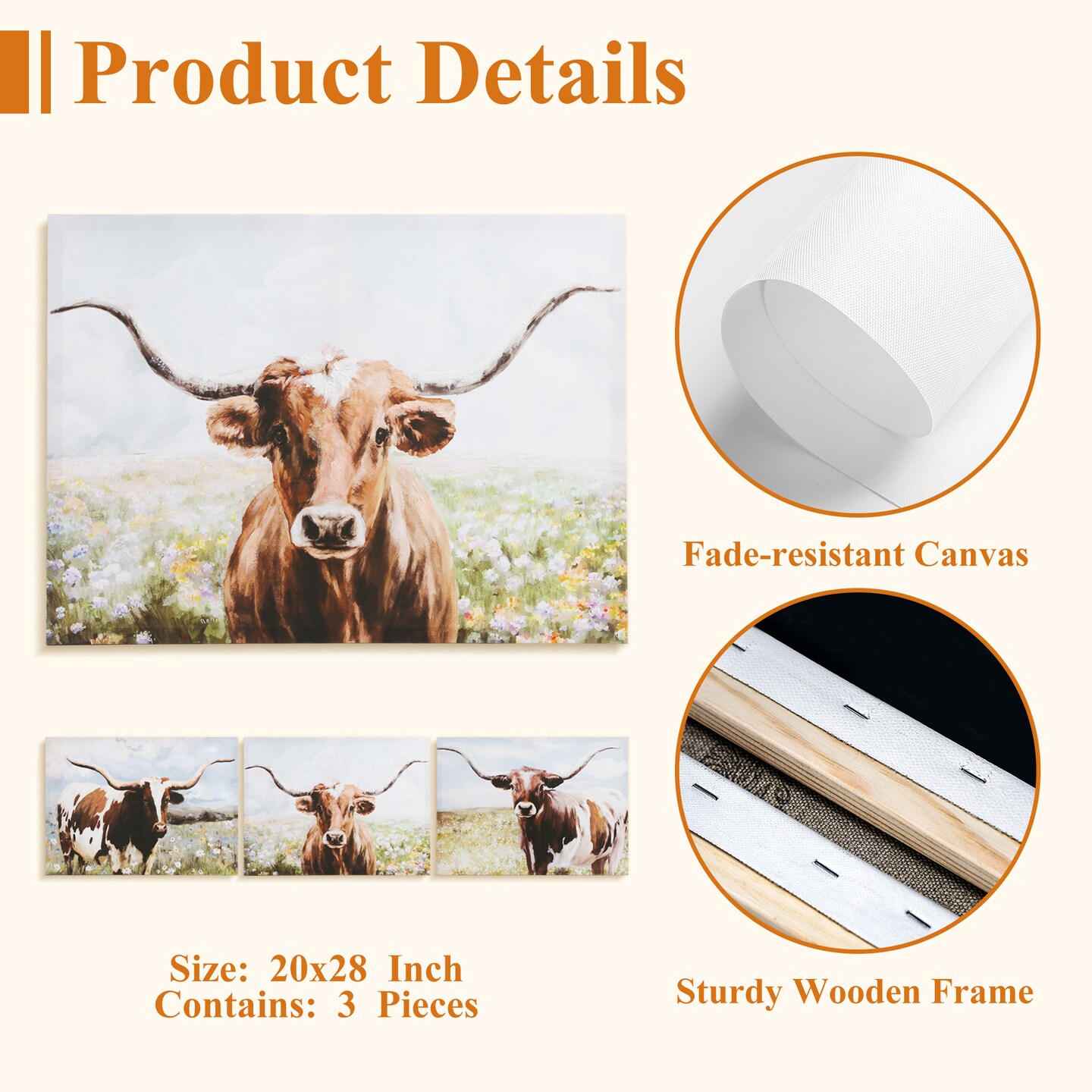 20&#x22;x28&#x22; Texas Longhorn Cattle Pictures Wall Decor Canvas Wall Art 3 Piece Framed Wall Art