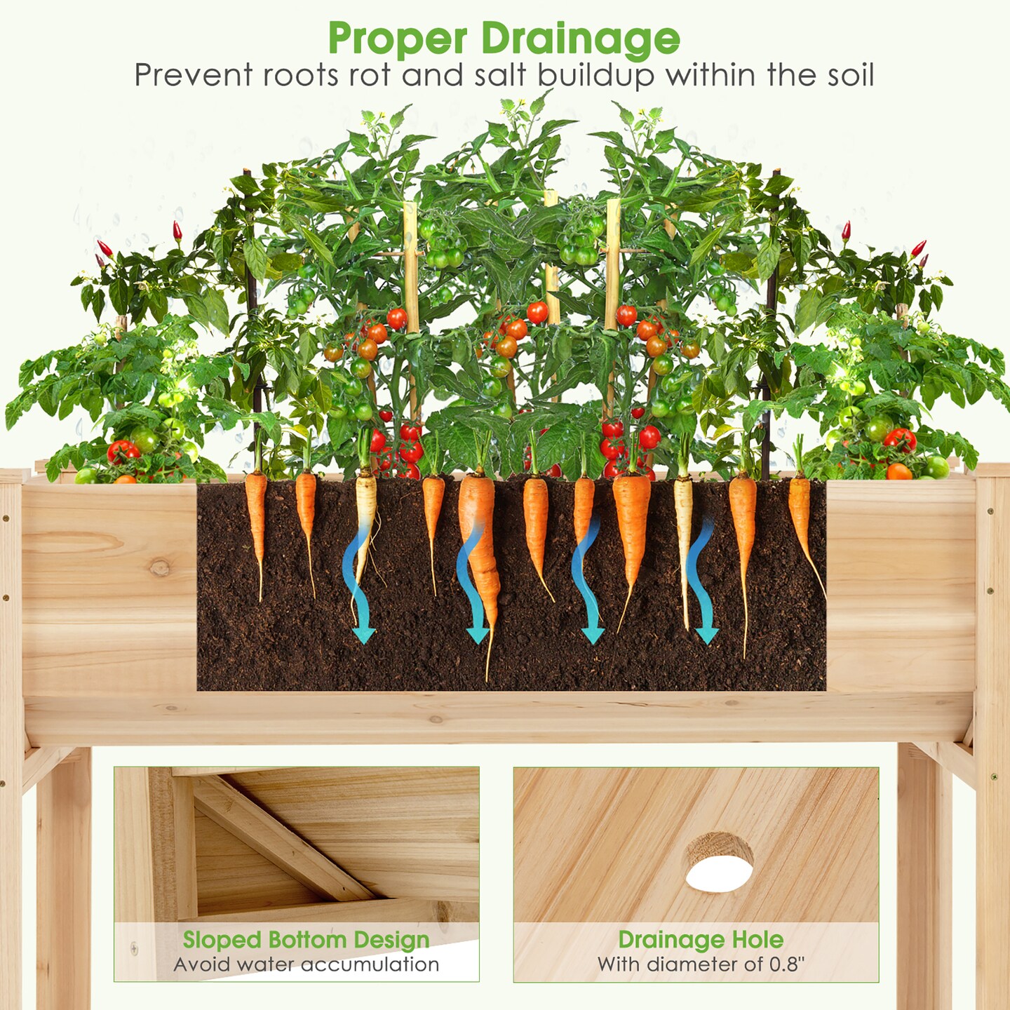 Costway 48'' Wood Raised Garden Bed w/Tool Hook Elevated Planter Stand w/Funnel Design