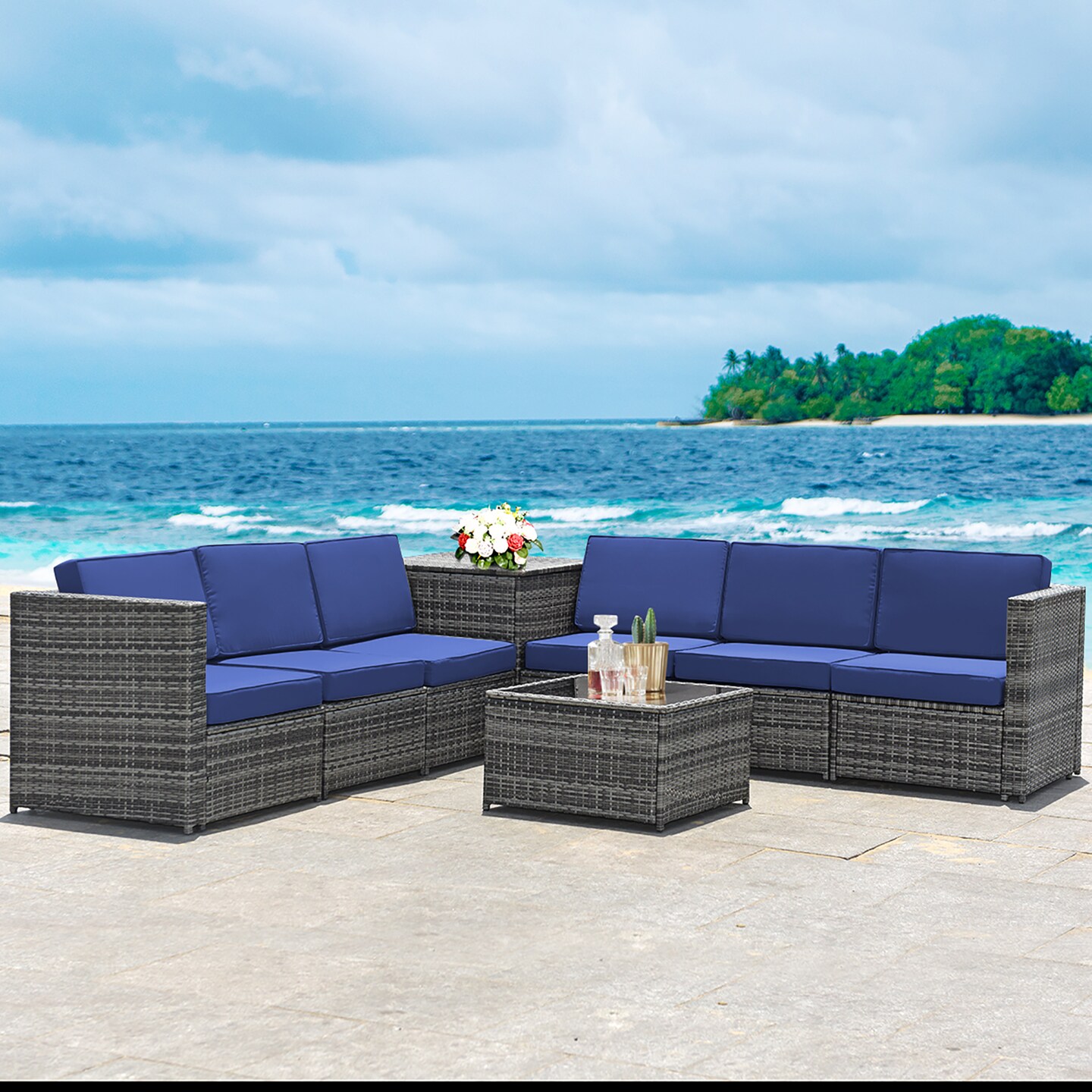 Costway 8 PCS Wicker Sofa Rattan Furniture Set Patio Furniture w/ Storage Table White\ Black\Turquoise\Red