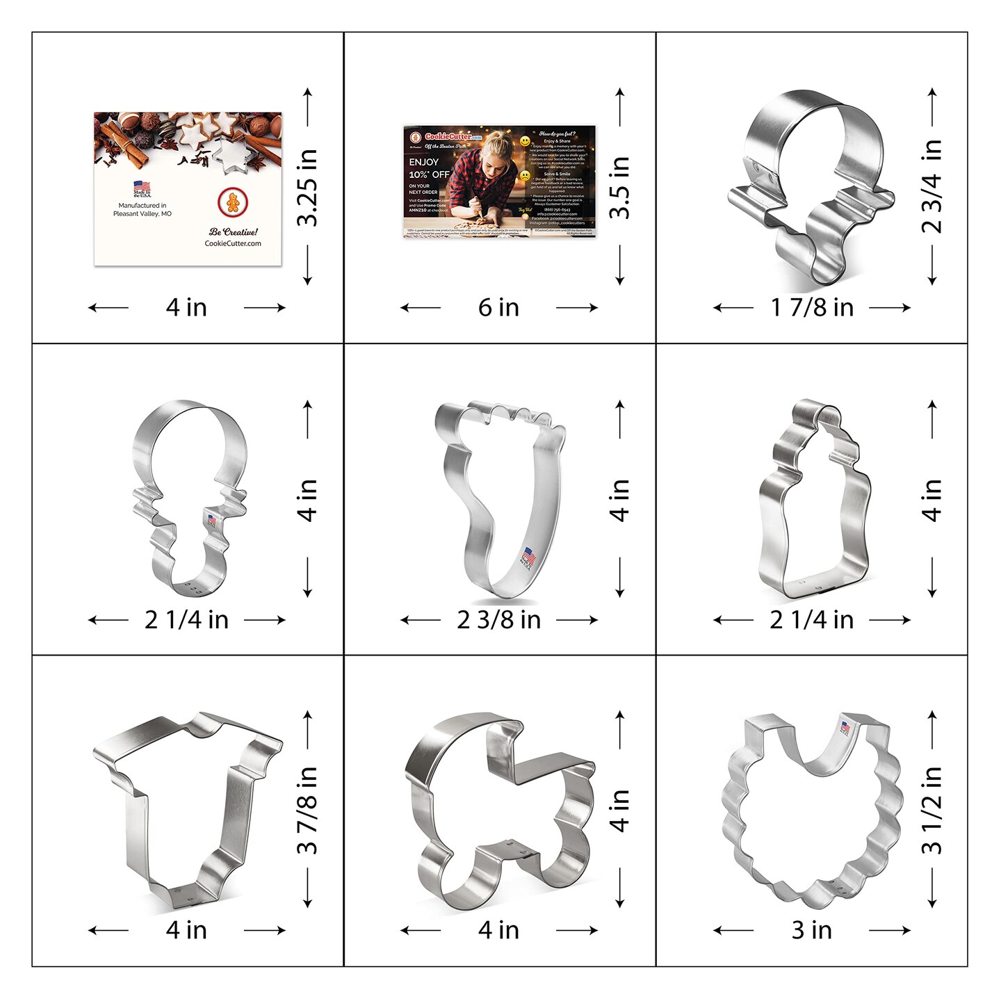Baby Shower Cookie Cutter 10 Pc Set, CookieCutter.com, Tin Plated Steel, Handmade in the USA