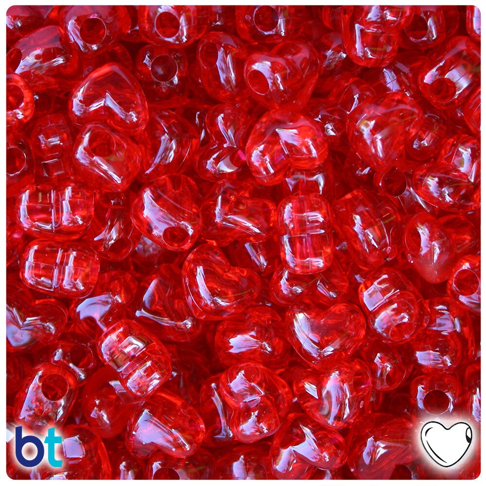 BeadTin Ruby Transparent 12mm Heart (HH) Plastic Pony Beads (250pcs)