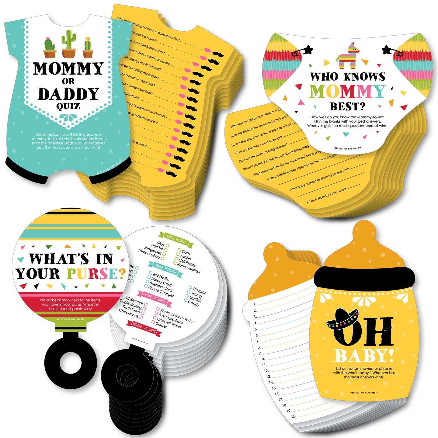 Big Dot of Happiness Let&#x27;s Fiesta - 4 Baby Shower Games - 10 Cards Each - Gamerific Bundle