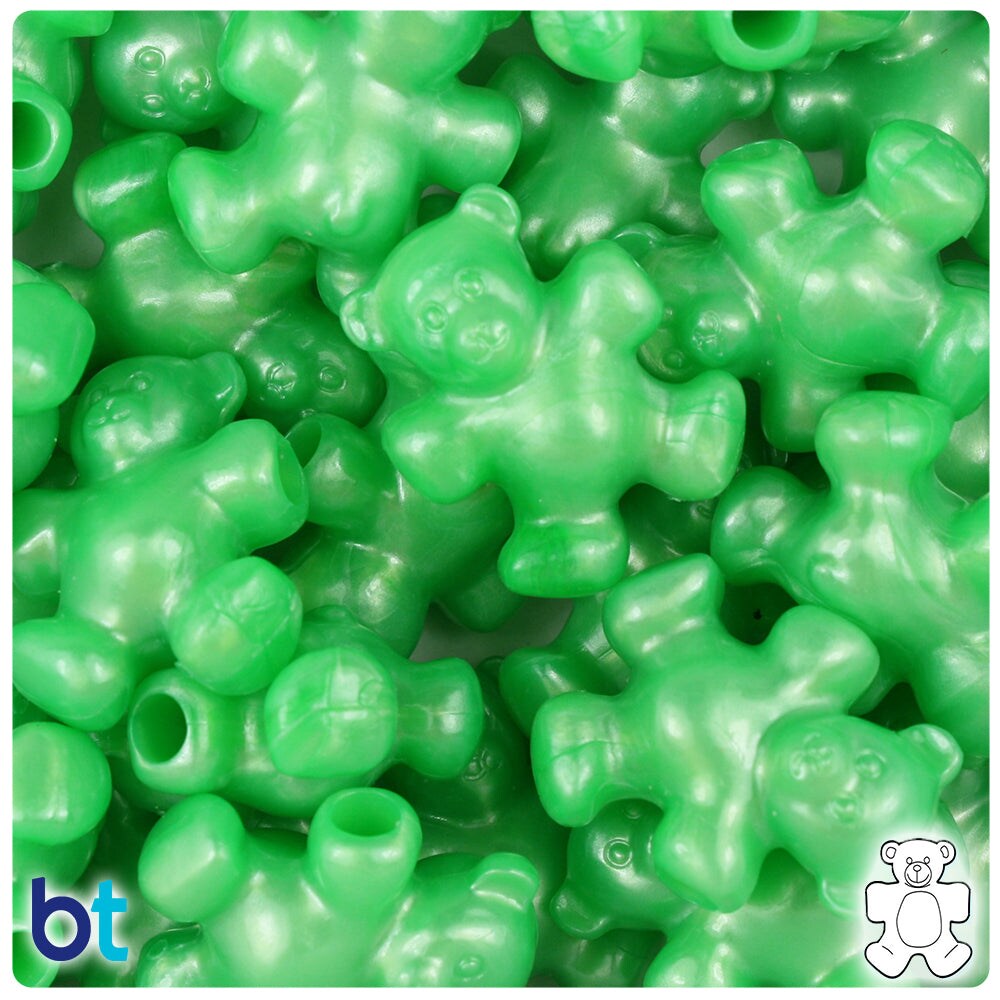 BeadTin Bright Green Pearl 25mm Teddy Bear Plastic Pony Beads (24pcs)