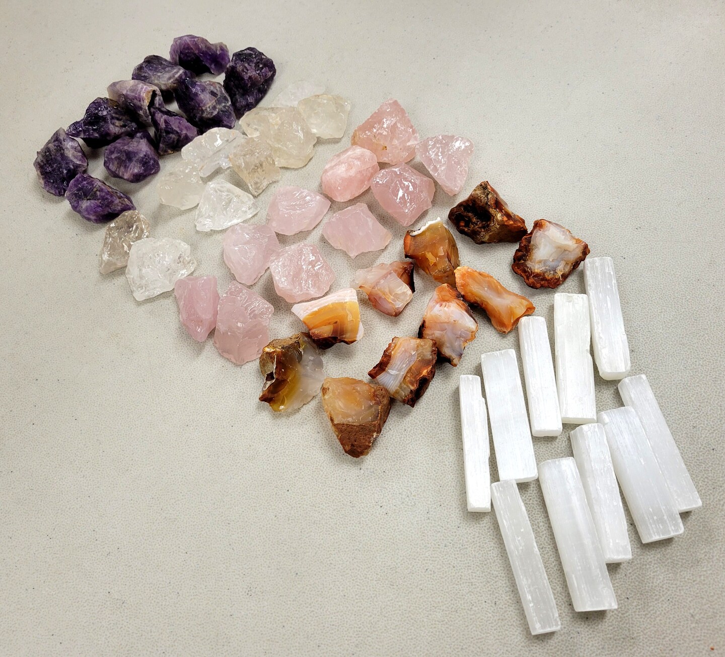 Meditation Crystal Set - Amethyst, Clear Quartz, Carnelian, Selenite, Rose Quartz