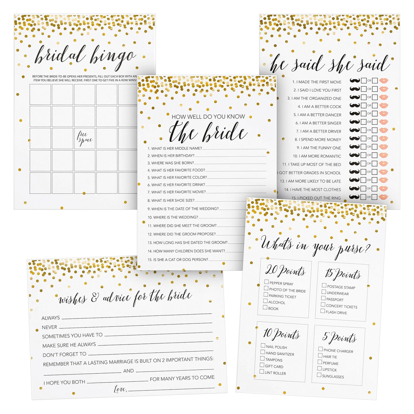 250 Pieces Bridal Shower Games for 50 Guests with Bingo Cards, He Said She Said Bridal Shower Games, Wedding Advice for Bachelorette, Celebrations, 5 Assorted Designs (Gold)